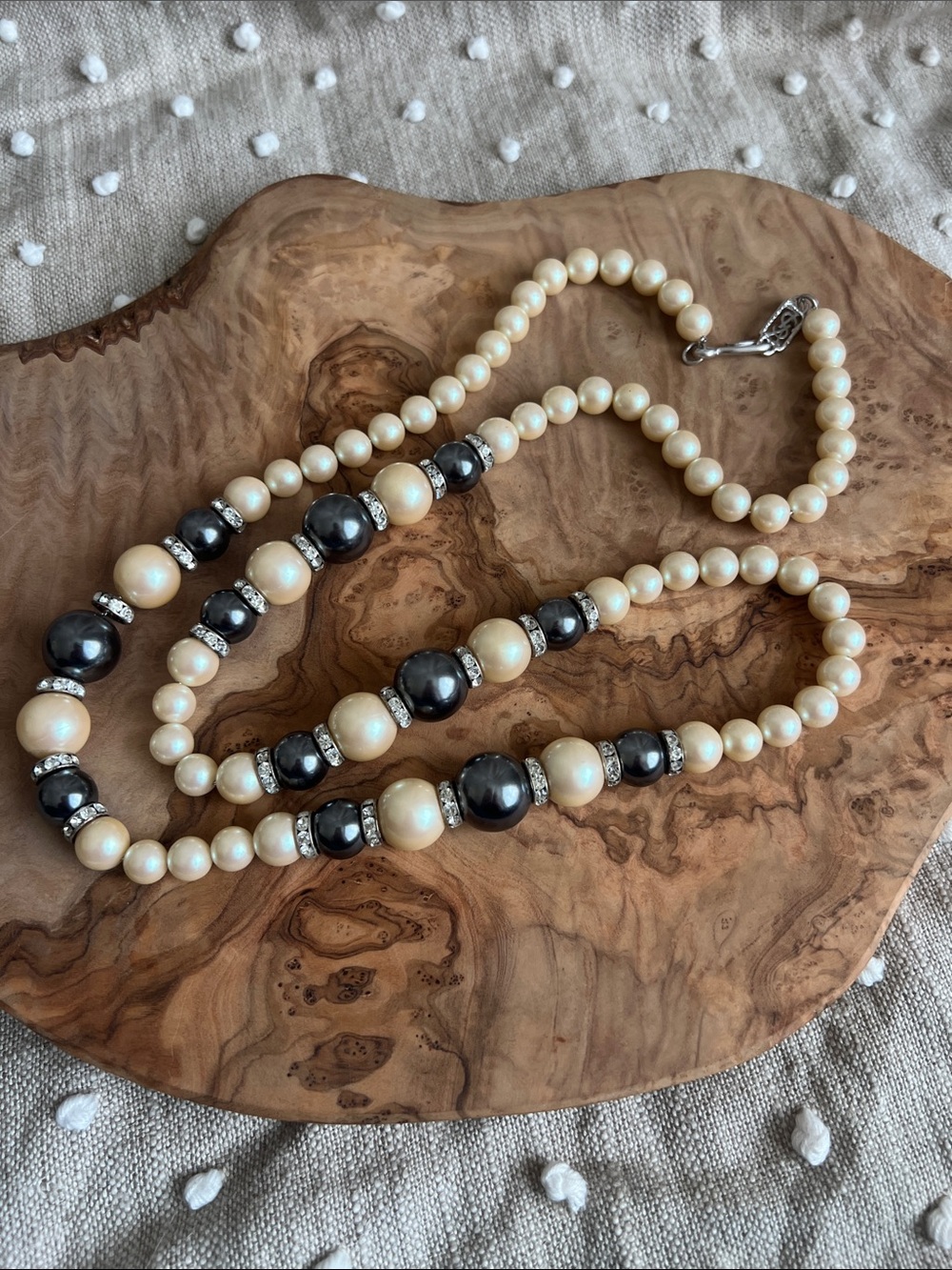 Vintage Yves Saint Laurent Faux Pearl Necklace with Rhinestone and Grey Beads